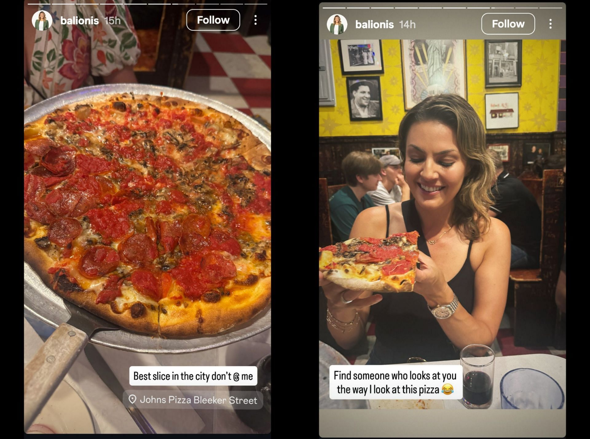 Amanda Balionis' stories from her visit to John's Pizza on Bleeker Street - Source: via @balionis on Instagram